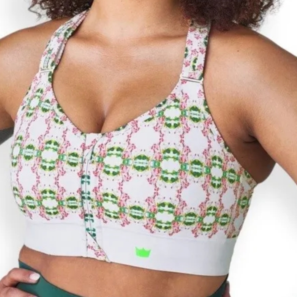 SHEFIT Flex Sports Bra White Pink Green Geometric Floral Print Size Smalll NWT